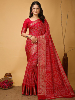 Anouk Rustic Printed Bandhani Silk Blend Saree(Red)