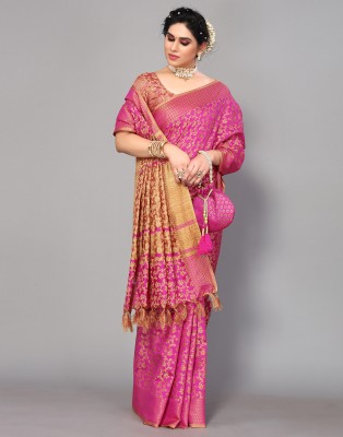 Samah Woven, Embellished, Self Design Kanjivaram Cotton Silk, Silk Blend Saree(Pink, Beige)