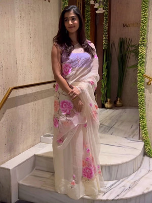 KRISHU ETHNICS Digital Print Bollywood Organza Saree(Cream)