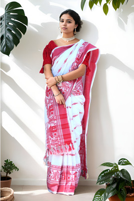 ADIVASI SHOP Solid/Plain Handloom Cotton Blend Saree(White, Red)