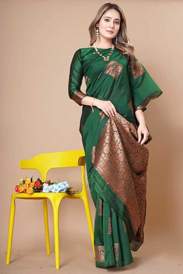 Om Creation Self Design Chanderi Polyester Saree(Dark Green)