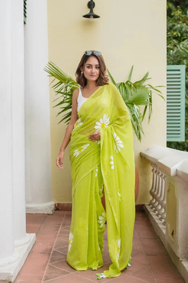 TANURI Printed Bollywood Cotton Linen, Cotton Silk Saree(Light Green)