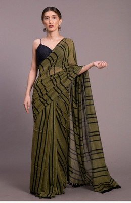 matri textile Striped Jamdani Cotton Blend Saree(Green)
