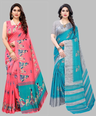 Priyashi Self Design, Digital Print, Printed Mysore Art Silk Saree(Pack of 2, Pink, Blue)