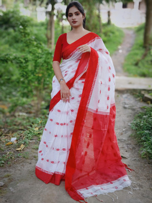 OXYMASU Woven, Self Design Gadwal Handloom Cotton Silk Saree(White)