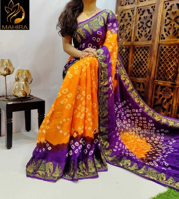 Shivaarya Printed Bandhani Art Silk Saree(Orange, Purple)