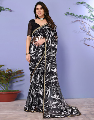 Samah Printed, Embellished Daily Wear Chiffon Saree(Black, White)