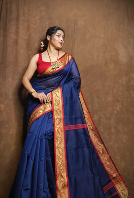 Ganesh fashion textile Woven Jamdani Cotton Silk Saree(Dark Blue)
