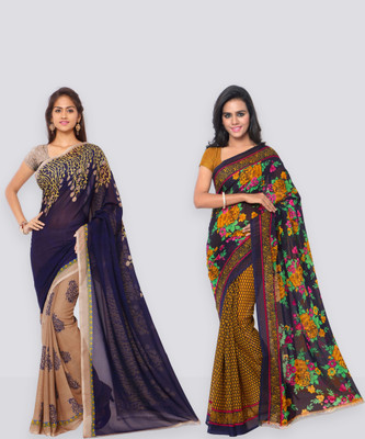 Anand Sarees Printed Bollywood Georgette Saree(Pack of 2, Dark Blue, Mustard)
