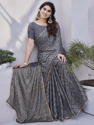 ROOP SUNDARI SAREES Printed, Striped, Embellished Leheria Chiffon Saree(Grey)