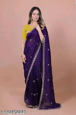 Amavii Embroidered, Embellished Bollywood Jimmy choo Saree(Dark Blue)
