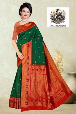 JAGMOHINI Solid/Plain Banarasi Raw Silk Saree(Green)