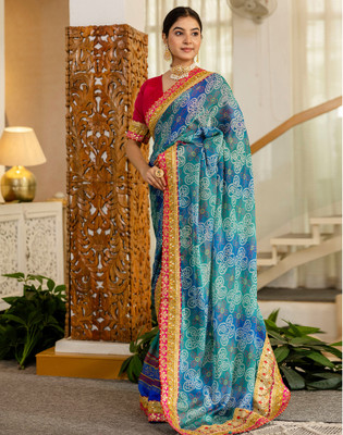 Satrani Printed, Embellished, Embroidered Bandhani Chiffon Saree(Multicolor)