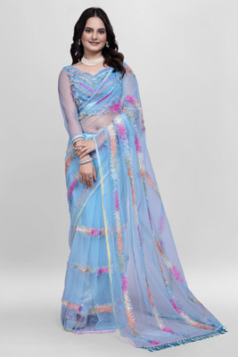 Aika Embroidered Bollywood Net Saree(Light Blue)