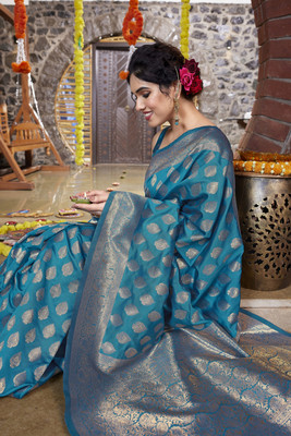 MIRCHI FASHION Woven, Embellished Banarasi Silk Blend Saree(Blue)