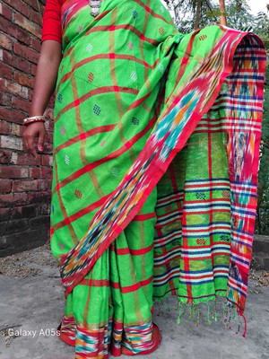 AMIT STORE Self Design Handloom Cotton Linen Saree(Green)
