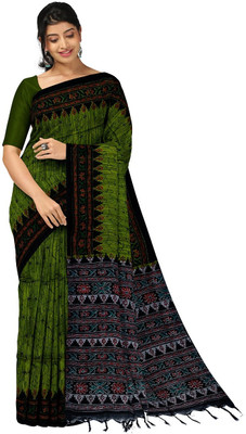 Shree Hari Printed Sambalpuri Cotton Blend Saree(Light Green, Black)