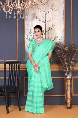 RudraEthnic Striped Daily Wear Supernet Saree(Green)