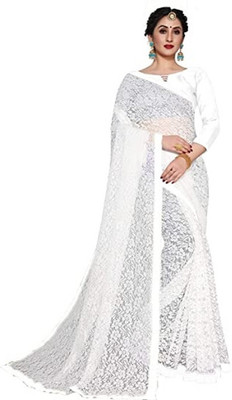 NORAFLEX Embroidered Bollywood Net Saree(White)