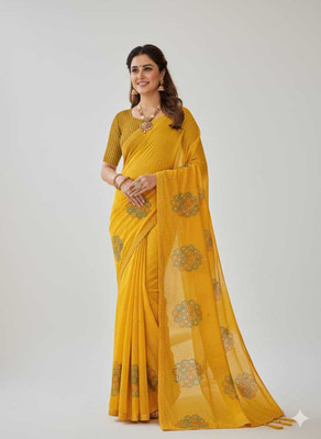 The JJ Store Digital Print Bollywood Chiffon Saree(Yellow)