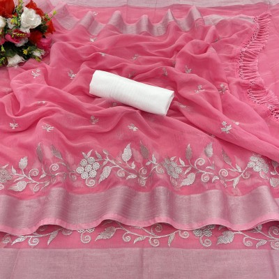 Saraswati Fab Printed, Embroidered, Embellished Banarasi Cotton Blend, Jute Silk Saree(Pink)