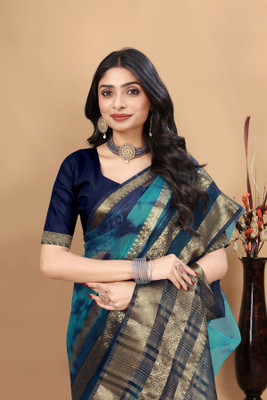 Aarunika IC Printed, Striped Bandhani Organza Saree(Blue)