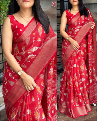 Dhanlaxmi CreationLLP Geometric Print Bollywood Cotton Blend Saree(Red)