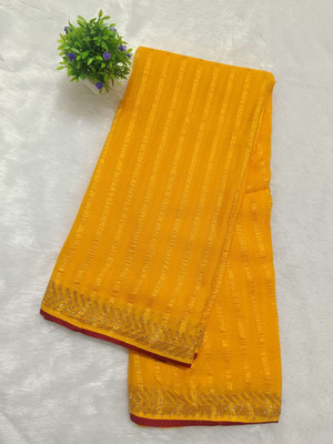 Vibha Striped, Embellished Bollywood Crepe Saree(Yellow)