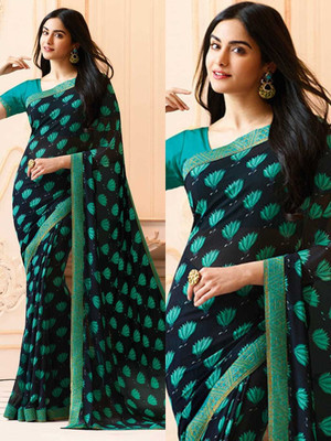 MEETVIN COUTURE Printed, Self Design, Digital Print, Embroidered, Floral Print, Solid/Plain Bollywood Georgette, Chiffon Saree(Blue)