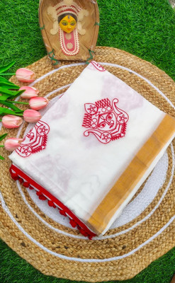 Lahasareeworld Embroidered Handloom Cotton Blend Saree(White)