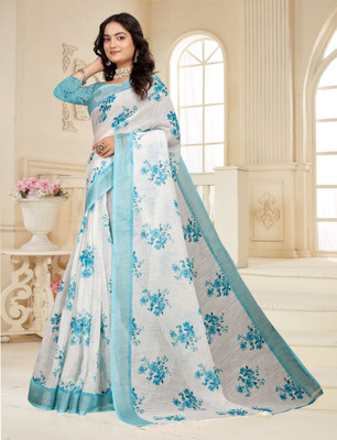 HangerStories Printed Kanjivaram Pure Cotton, Cotton Linen Saree(White, Light Blue)