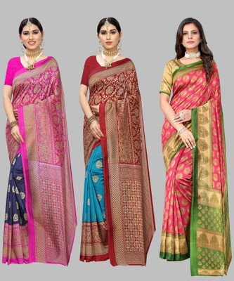 Priyashi Printed, Paisley, Floral Print Mysore Art Silk Saree(Pack of 3, Dark Blue)