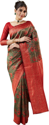 Pranjal Printed, Woven Bandhani Silk Blend Saree(Green)