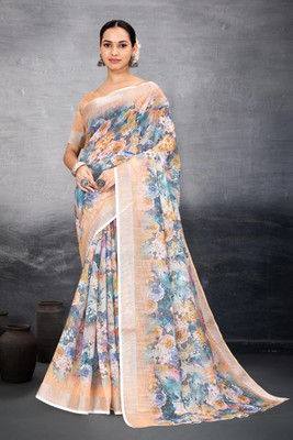 HouseOfCommon Floral Print Bollywood Cotton Linen Saree(Beige)