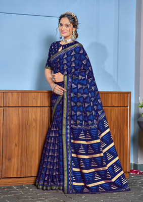 Divastri Printed Chanderi Cotton Blend Saree(Dark Blue)