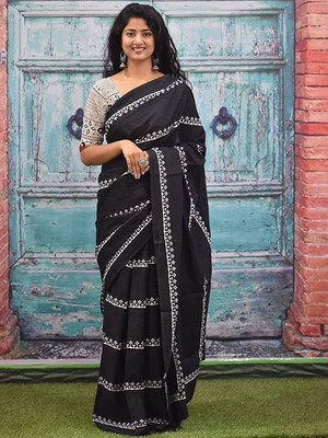 Anouk Rustic Printed Daily Wear Cotton Blend Saree(Black)