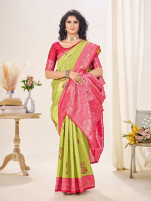 SAKSHIAURA Embroidered, Woven, Self Design, Floral Print Banarasi Handloom Art Silk Saree(Green, Pink)