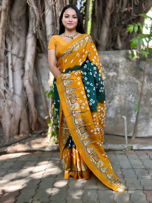 S.R.TEXTILES Animal Print Bandhani Crepe, Silk Blend Saree(Multicolor)