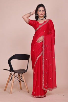 V AMAN FASHION Solid/Plain, Self Design, Embroidered Bollywood Chiffon, Jimmy choo Saree(Red)