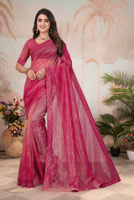 HESOFY Solid/Plain Bollywood Net Saree(Pink)