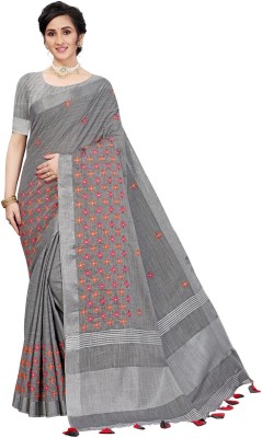 ALAGINI Embroidered, Floral Print Bollywood Cotton Blend Saree(Grey)