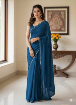 LA LILY Embellished, Solid/Plain, Self Design Bollywood Georgette Saree(Blue)