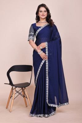 saanvi Solid/Plain, Self Design, Embroidered Bollywood Art Silk Saree(Dark Blue)