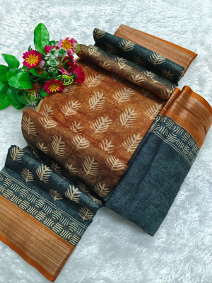 PRTRENDZ Printed Bollywood Pure Cotton, Cotton Linen Saree(Orange, Grey)