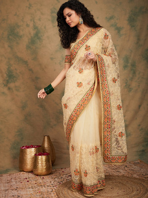 manvaa Embroidered Bollywood Net Saree(Beige)