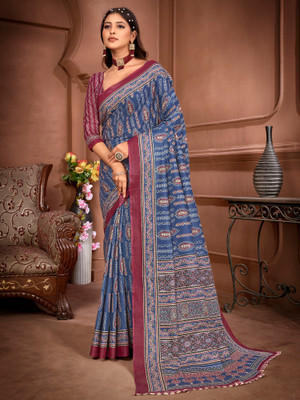 Divastri Printed Daily Wear Pure Cotton Saree(Blue)