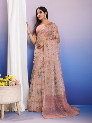 Tasrika Floral Print, Printed Bollywood Organza Saree(Pink)