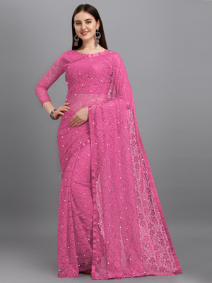 LOROFY Self Design Bollywood Net Saree(Pink)