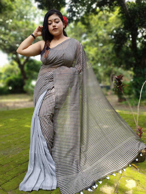 Maa kali saree center Printed Bollywood Cotton Blend Saree(Grey)