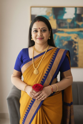 Afronza Solid/Plain, Woven, Temple Border Sambalpuri Pure Silk Saree(Mustard, Blue)
